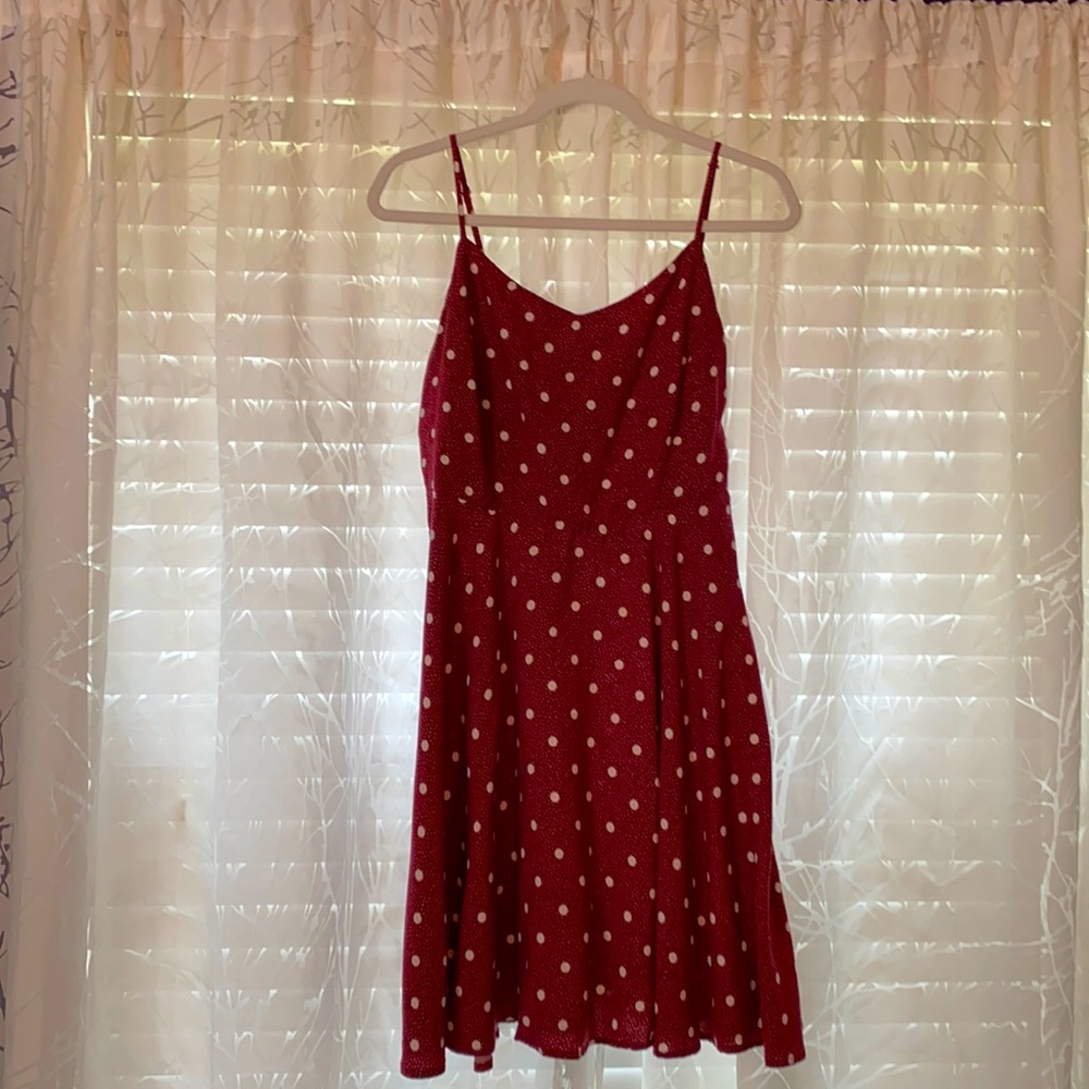 Dark red polka dot dress, spaghetti strap, zipper